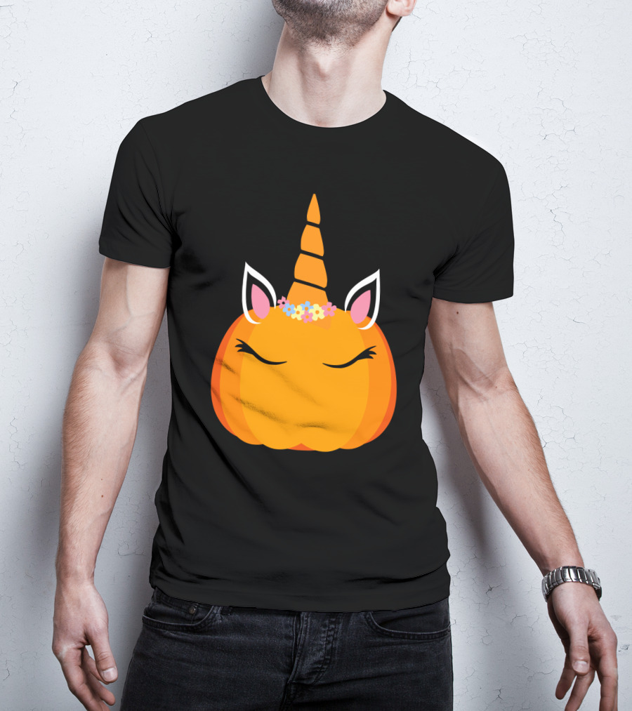 Unicorn Pumpkin With Floral Crown And Sleepy Eyes T-Shirt
