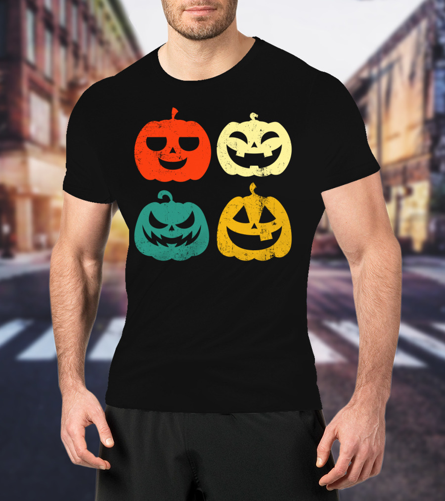 Retro Vintage Pumpkin Halloween Faces Quad Color Grid T-Shirt