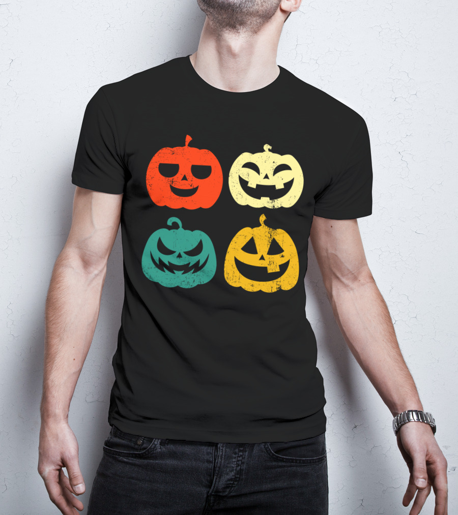 Retro Vintage Pumpkin Halloween Faces Quad Color Grid T-Shirt