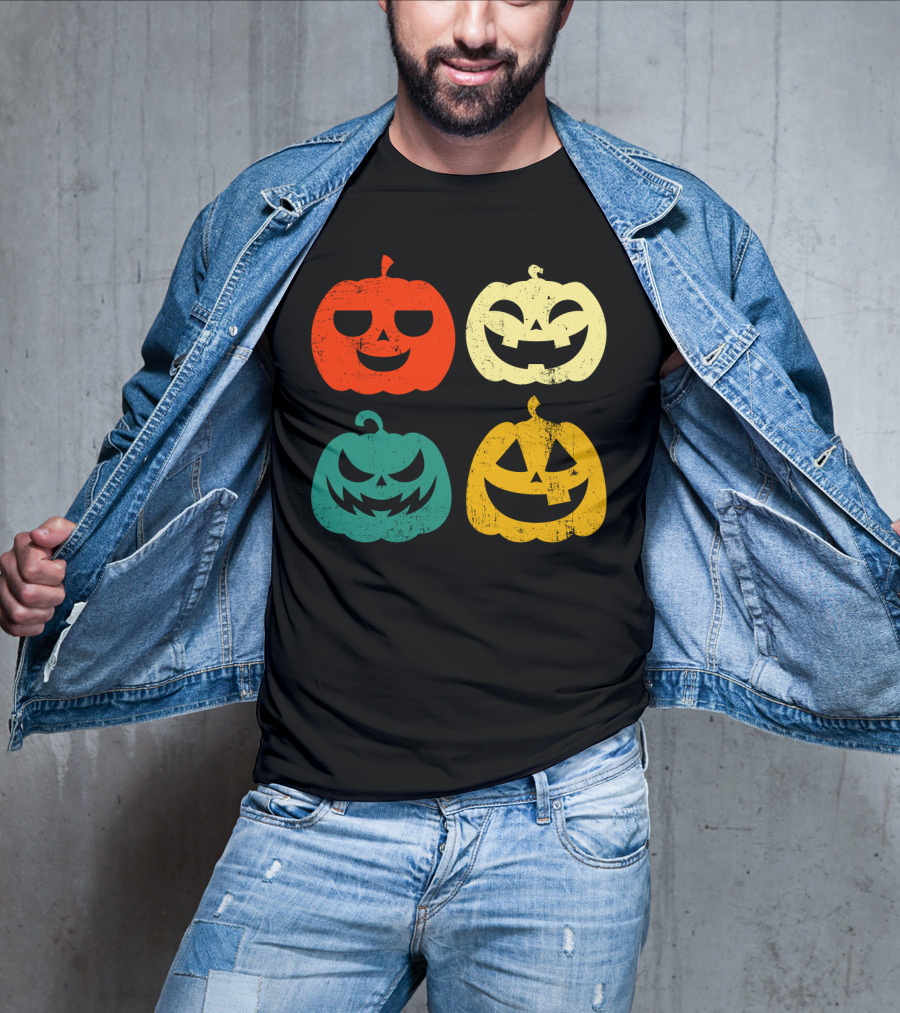 Retro Vintage Pumpkin Halloween Faces Quad Color Grid T-Shirt