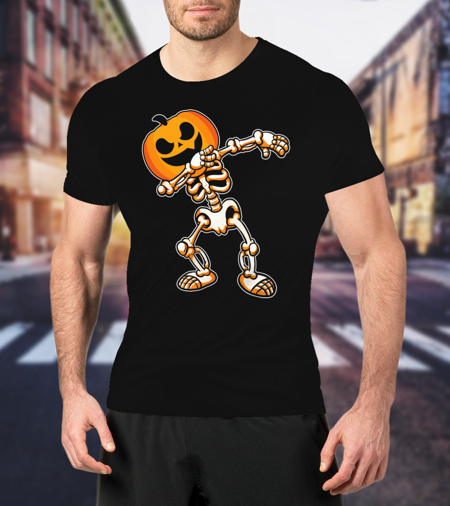 Dabbing Skeleton With Pumpkin Head Halloween Humor T-Shirt