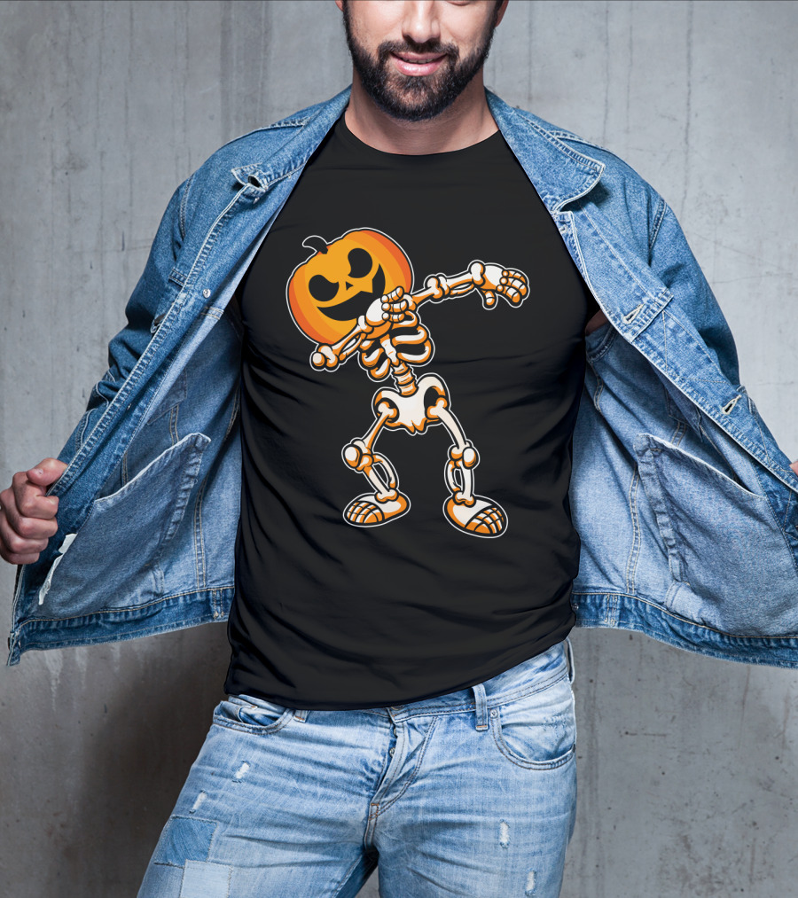 Dabbing Skeleton With Pumpkin Head Halloween Humor T-Shirt