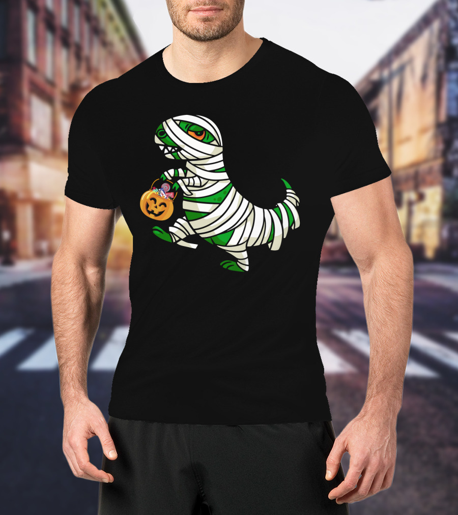 Mummy Dinosaur With Halloween Pumpkin And Candy Basket T-Shirt