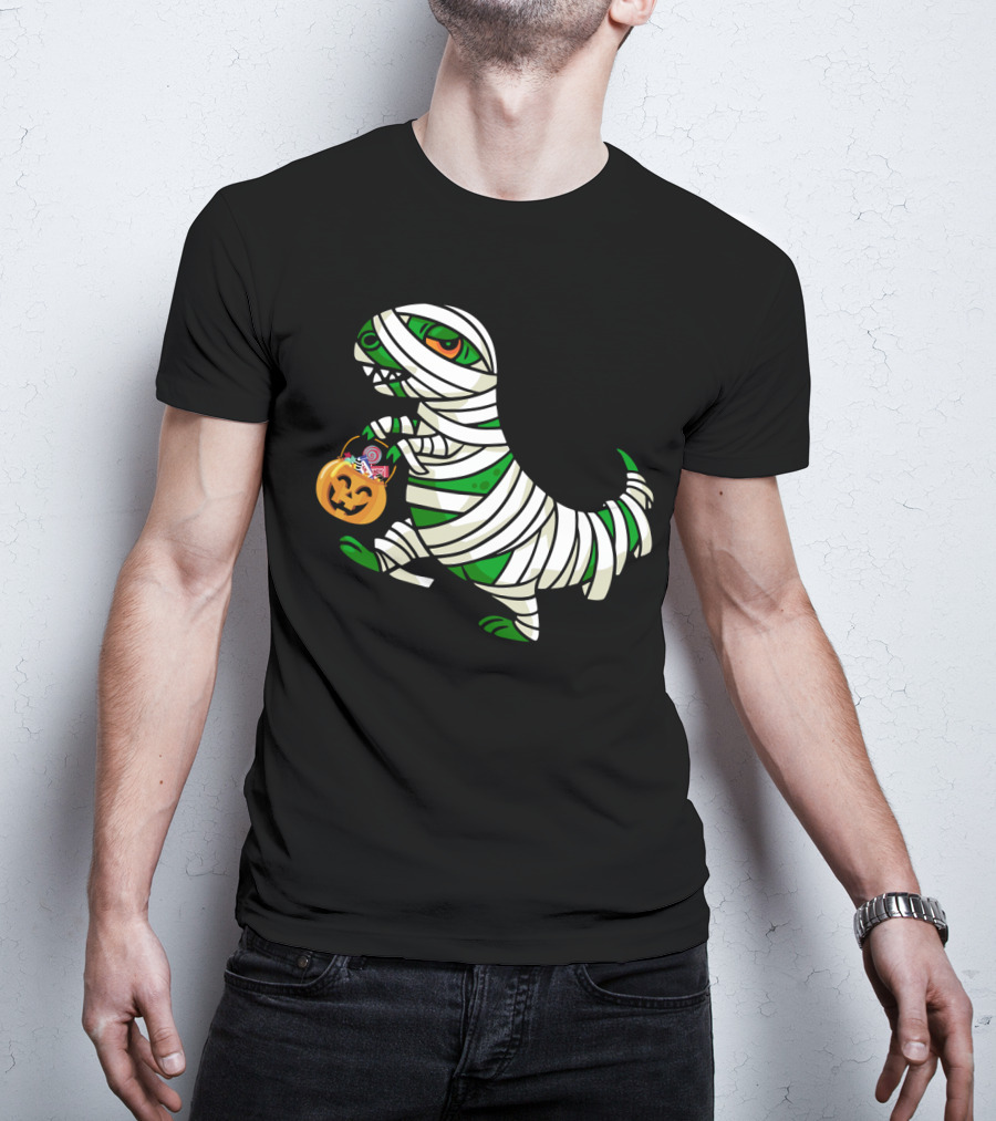 Mummy Dinosaur With Halloween Pumpkin And Candy Basket T-Shirt
