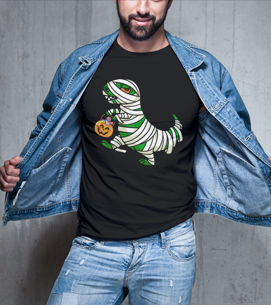 Mummy Dinosaur With Halloween Pumpkin And Candy Basket T-Shirt