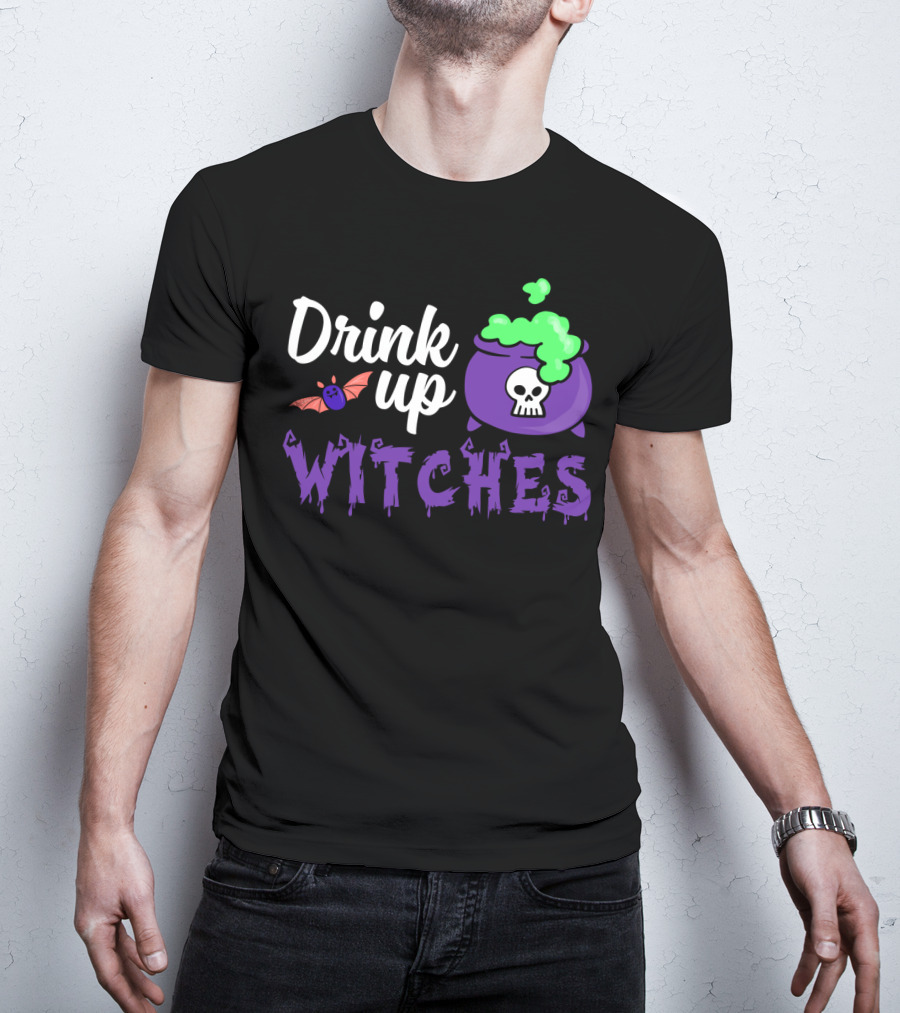 Drink Up Witches Purple Cauldron With Skull And Bat Elements T-Shirt