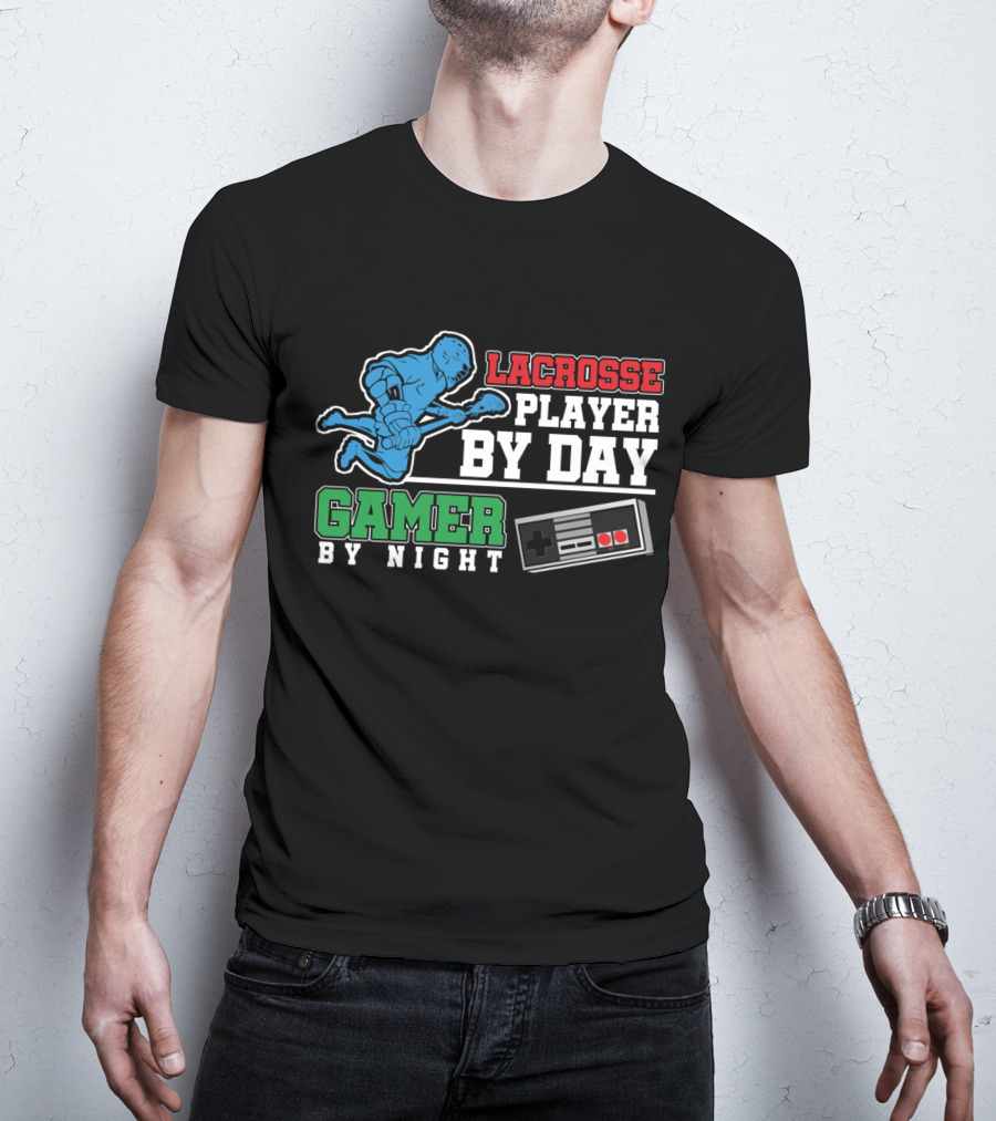 Lacrosse Player By Day Gamer By Night Retro Controller T-Shirt