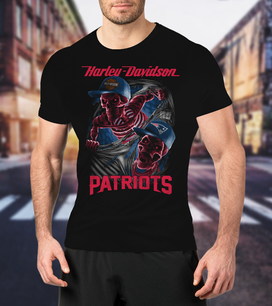 Harley Davidson Patriots Skeletons Breaking Through New England Caps T-Shirt
