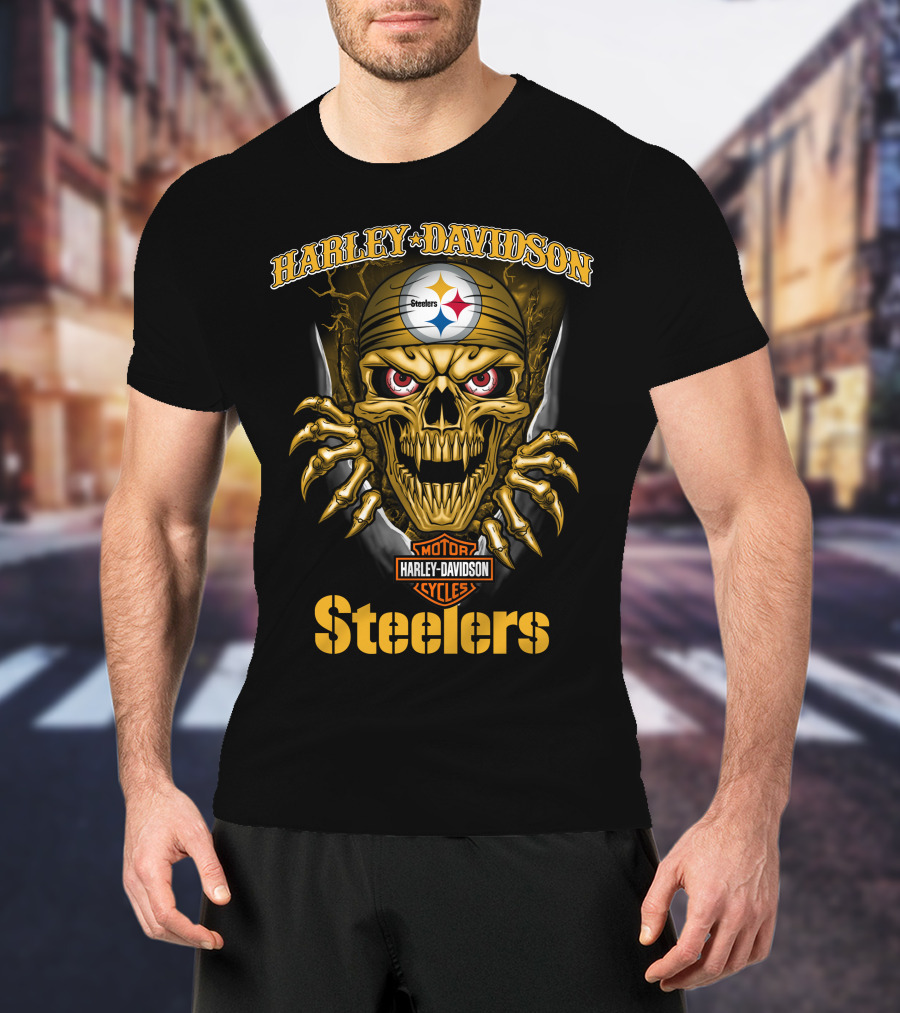 Harley Davidson Skull Steelers Moto Nfl Pittsburgh Steelers T-Shirt