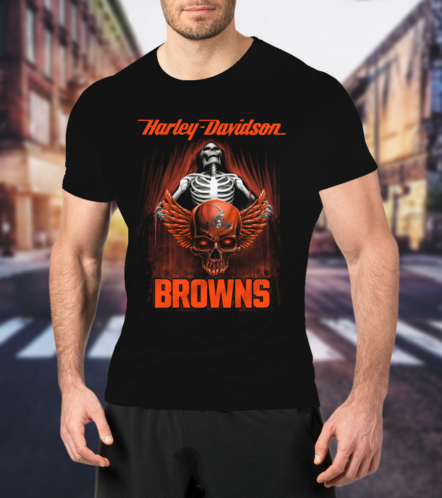 Harley Davidson Cleveland Browns Skull Wings T-Shirt
