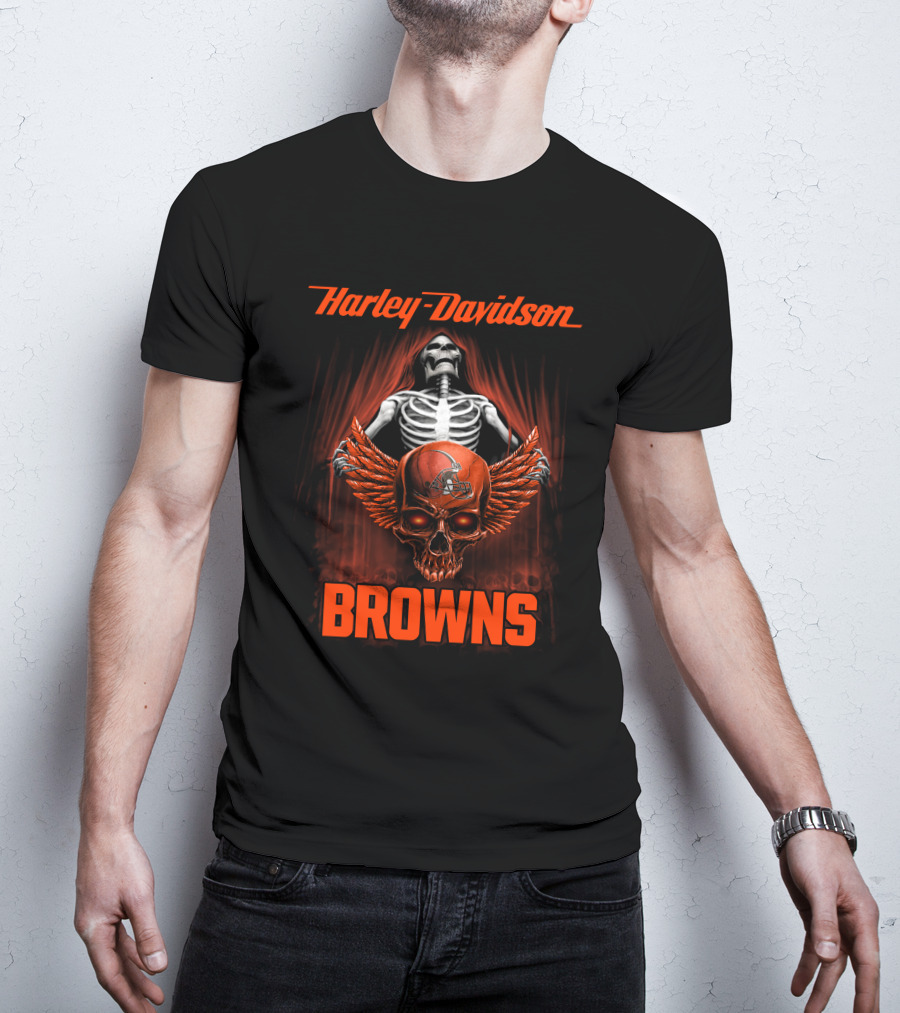 Harley Davidson Cleveland Browns Skull Wings T-Shirt