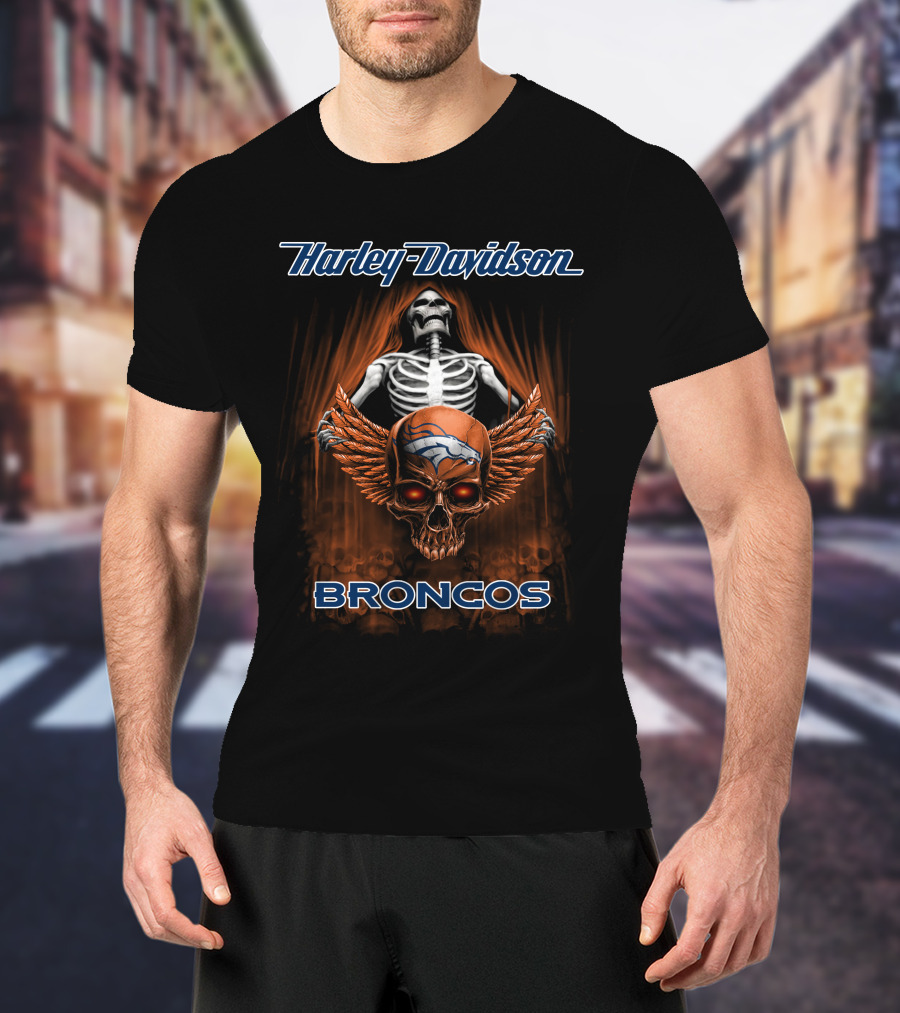 Harley Davidson Broncos Skull Skeleton Denver T-Shirt