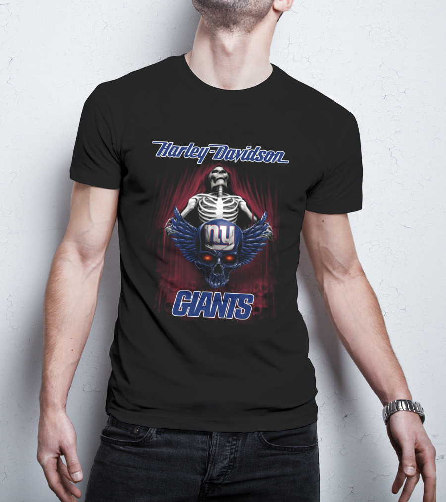 Harley Davidson New York Giants Skeleton Skull Wings T-Shirt