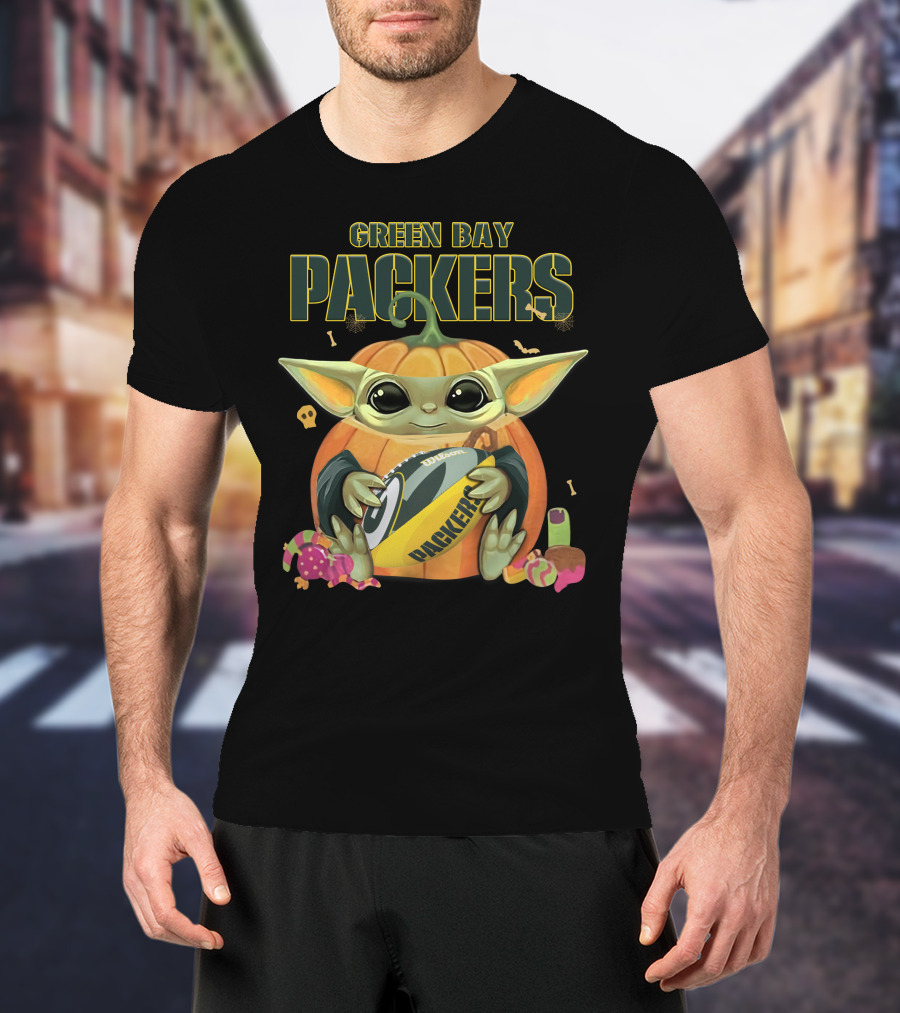 Green Bay Packers Halloween Baby Yoda Football T-Shirt