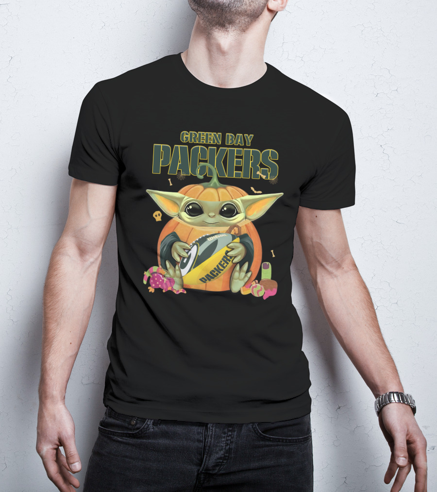 Green Bay Packers Halloween Baby Yoda Football T-Shirt