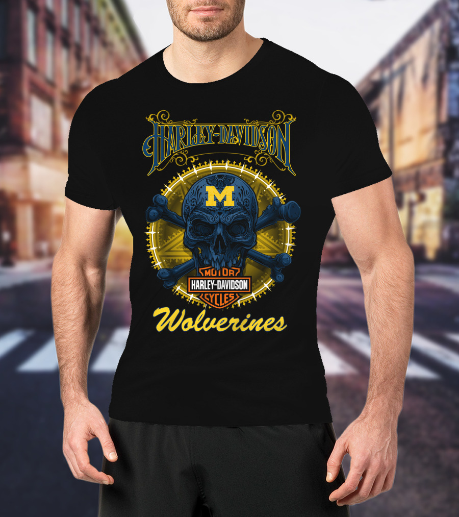 Harley Davidson Michigan Wolverines Skull Motor Cycles T-Shirt