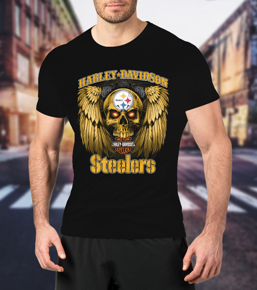 Harley Davidson Steelers Skull With Wings T-Shirt