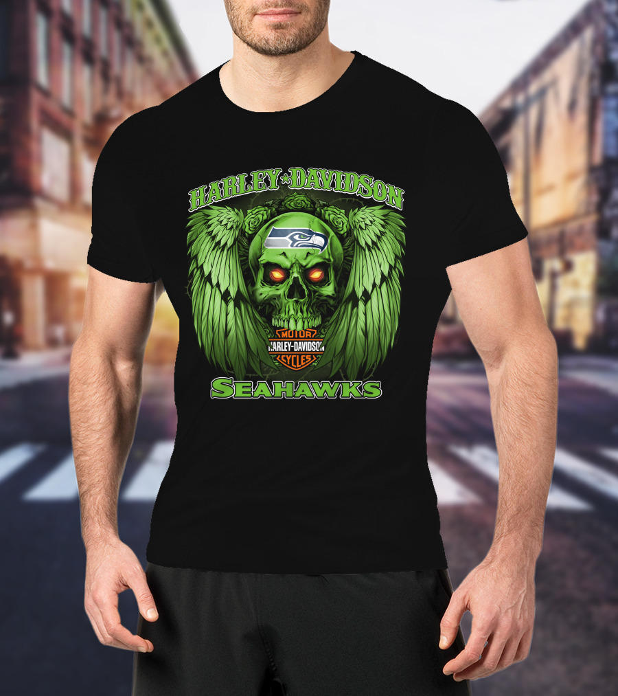 Harley Davidson Motor Cycles Seattle Seahawks Skull Wings T-Shirt