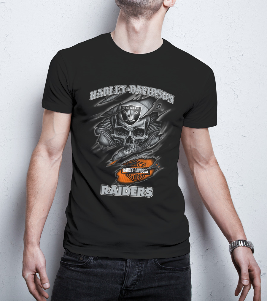Harley Davidson Raiders Skull Graphic With Motor Cycles Logo Nfl 12.30 Las Vegas Raiders T-Shirt