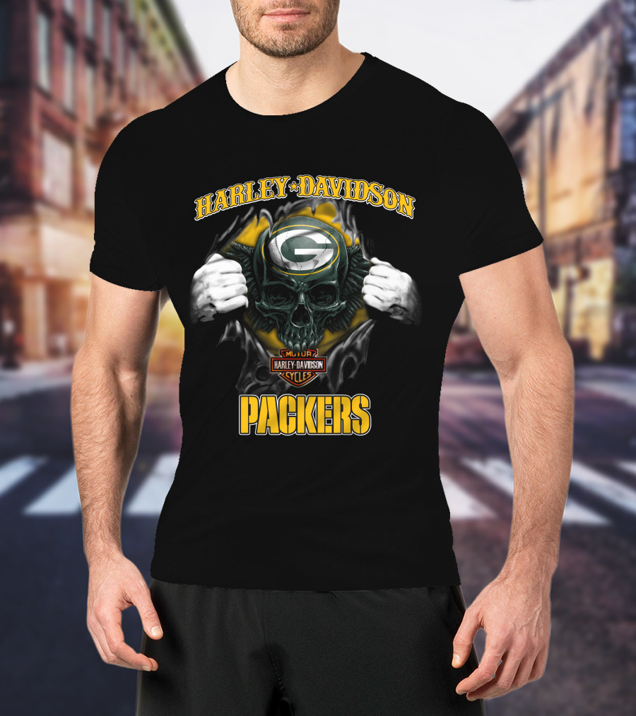 Harley Davidson Green Bay Packers Skull Cycles T-Shirt