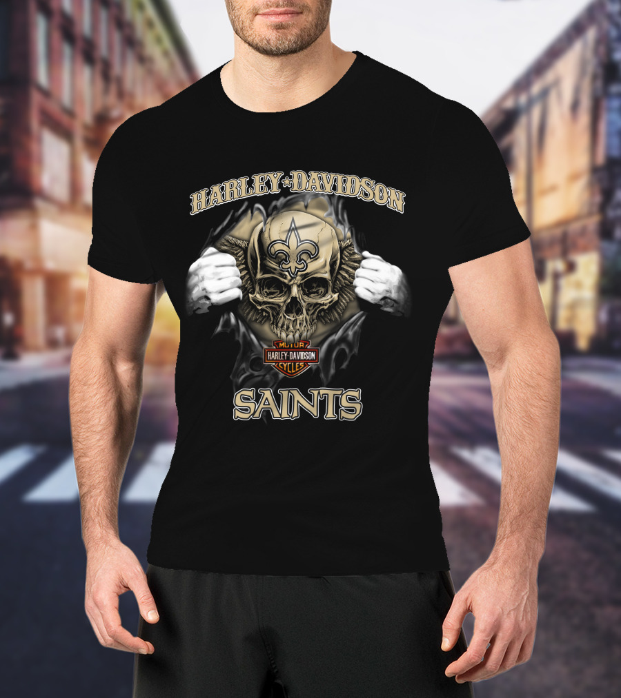 Harley Davidson Skull New Orleans Saints Nfl Major Cycles T-Shirt