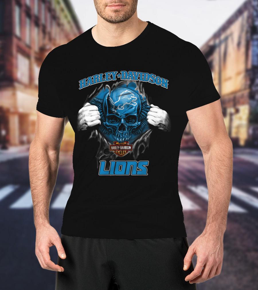 Harley Davidson Lions Nfl Skull Detroit Motor Cycles T-Shirt