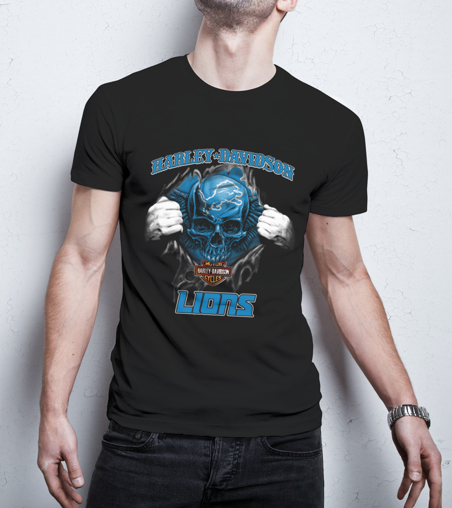 Harley Davidson Lions Nfl Skull Detroit Motor Cycles T-Shirt