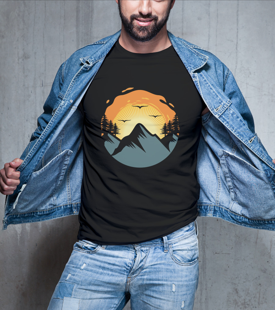 Sunrise Over Mountain Silhouette With Trees And Birds T-Shirt