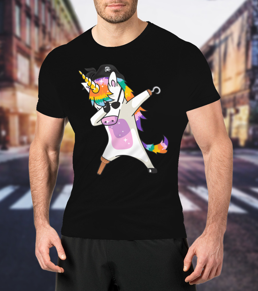 Dabbing Unicorn Pirate With Rainbow Mane Wearing Eyepatch And Pirate Hat T-Shirt