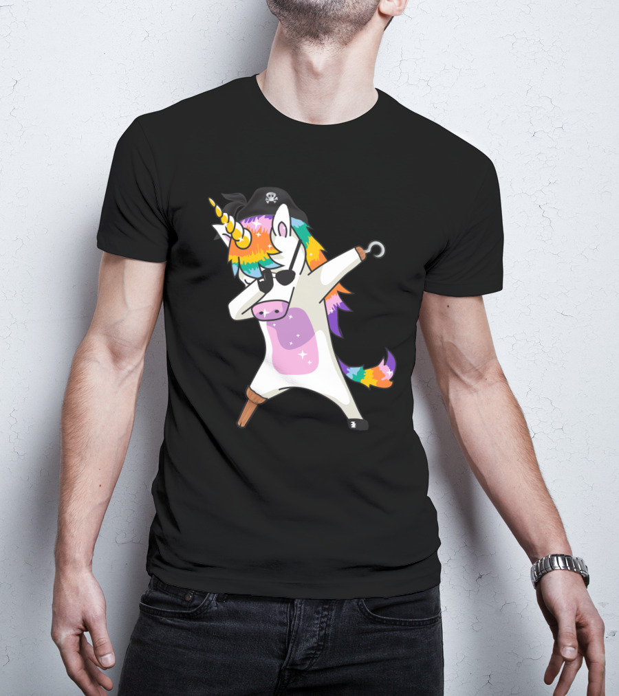 Dabbing Unicorn Pirate With Rainbow Mane Wearing Eyepatch And Pirate Hat T-Shirt