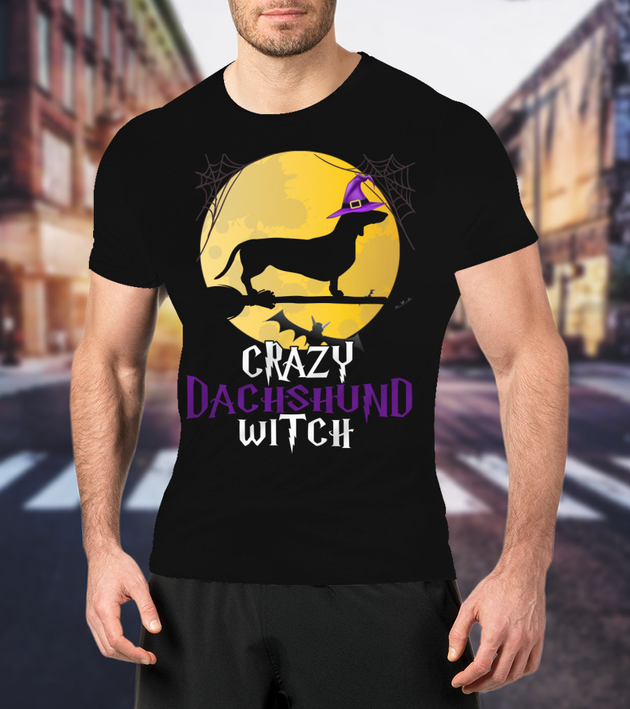 Crazy Dachshund Witch Dog Halloween Moon Silhouette With Broomstick And Purple Hat T-Shirt