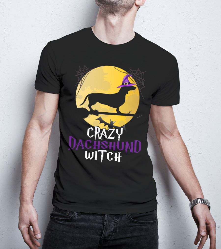 Crazy Dachshund Witch Dog Halloween Moon Silhouette With Broomstick And Purple Hat T-Shirt