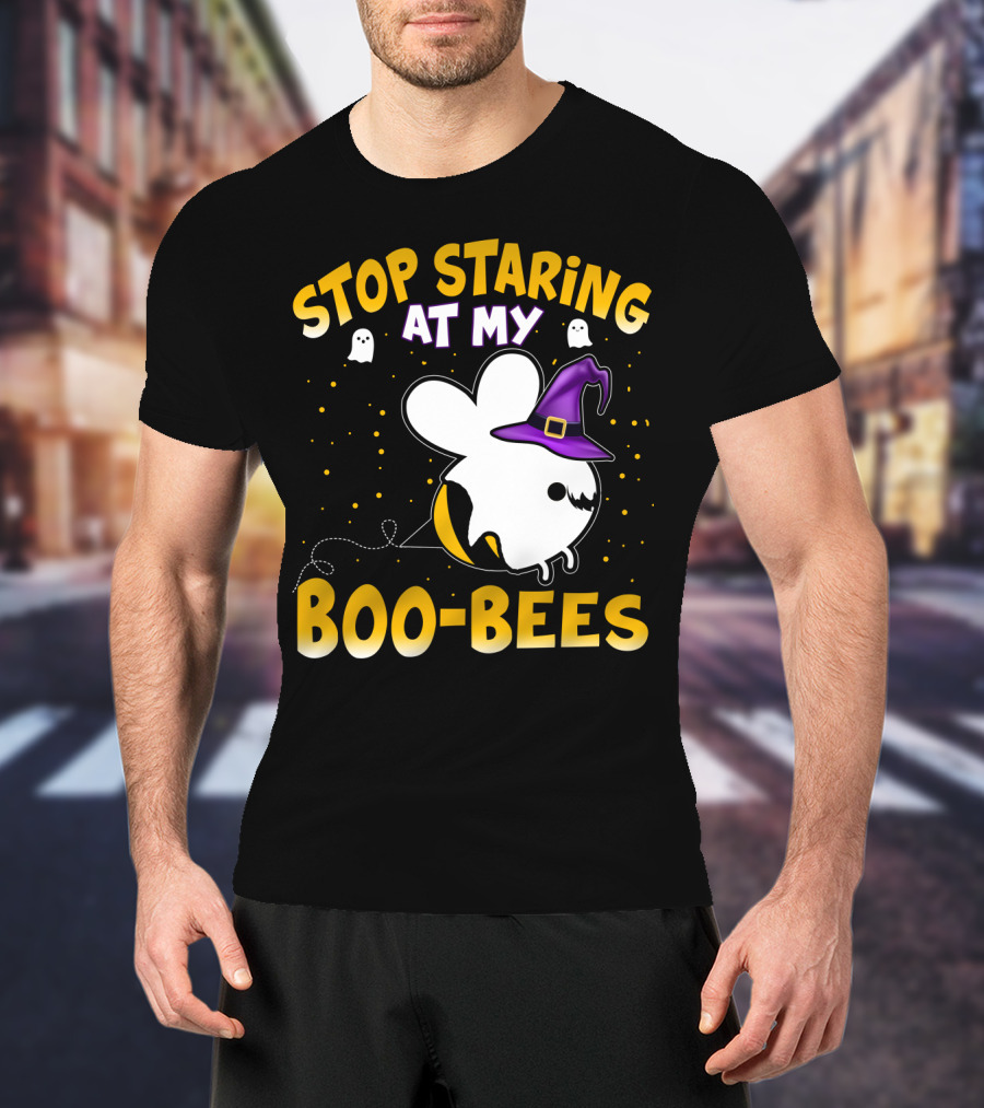 Stop Staring At My Boo Bees Halloween Ghost Bees With Witch Hat And Yellow Dots T-Shirt