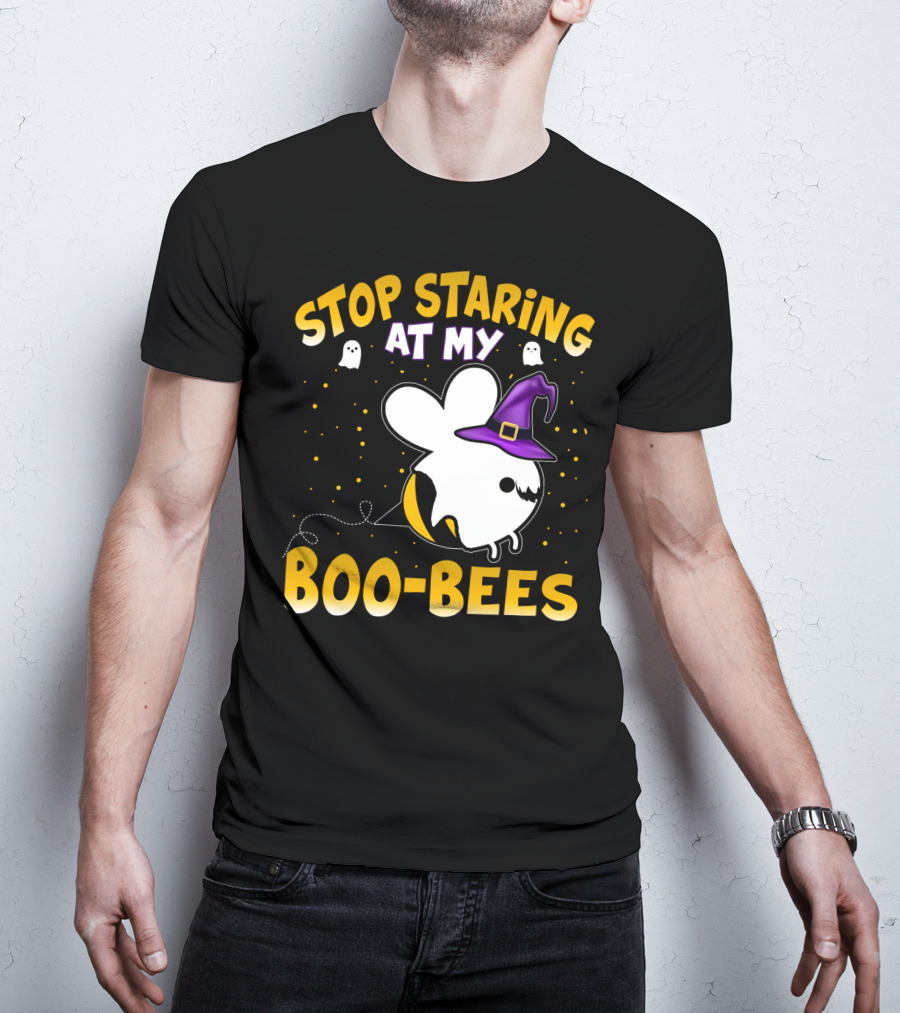 Stop Staring At My Boo Bees Halloween Ghost Bees With Witch Hat And Yellow Dots T-Shirt