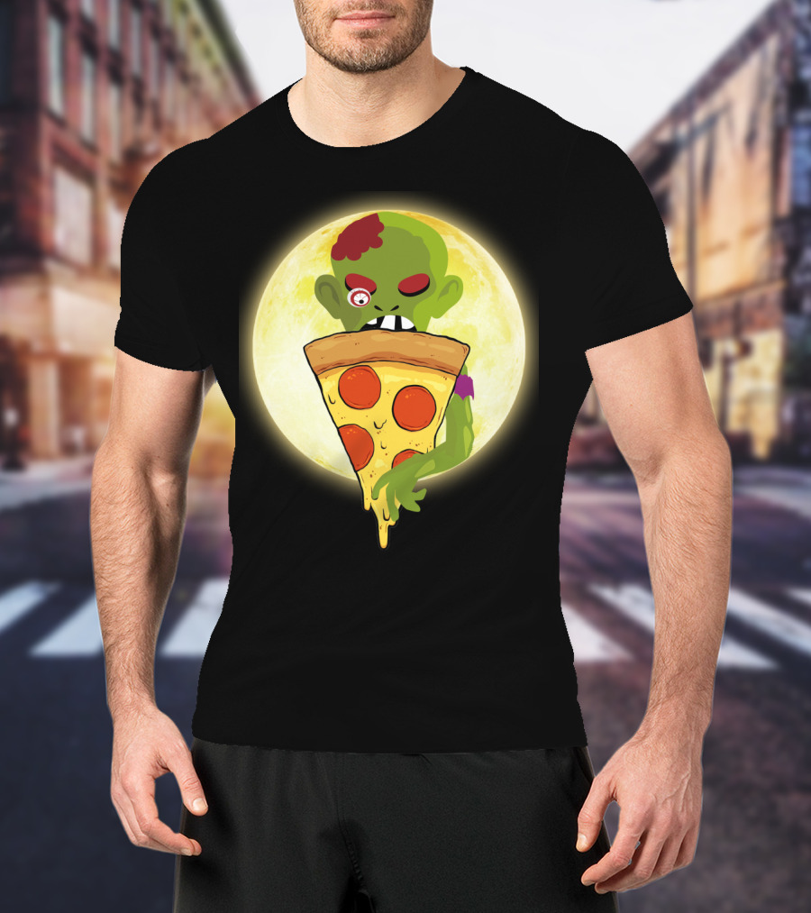Zombie Eating Pepperoni Pizza Under Full Moon T-Shirt