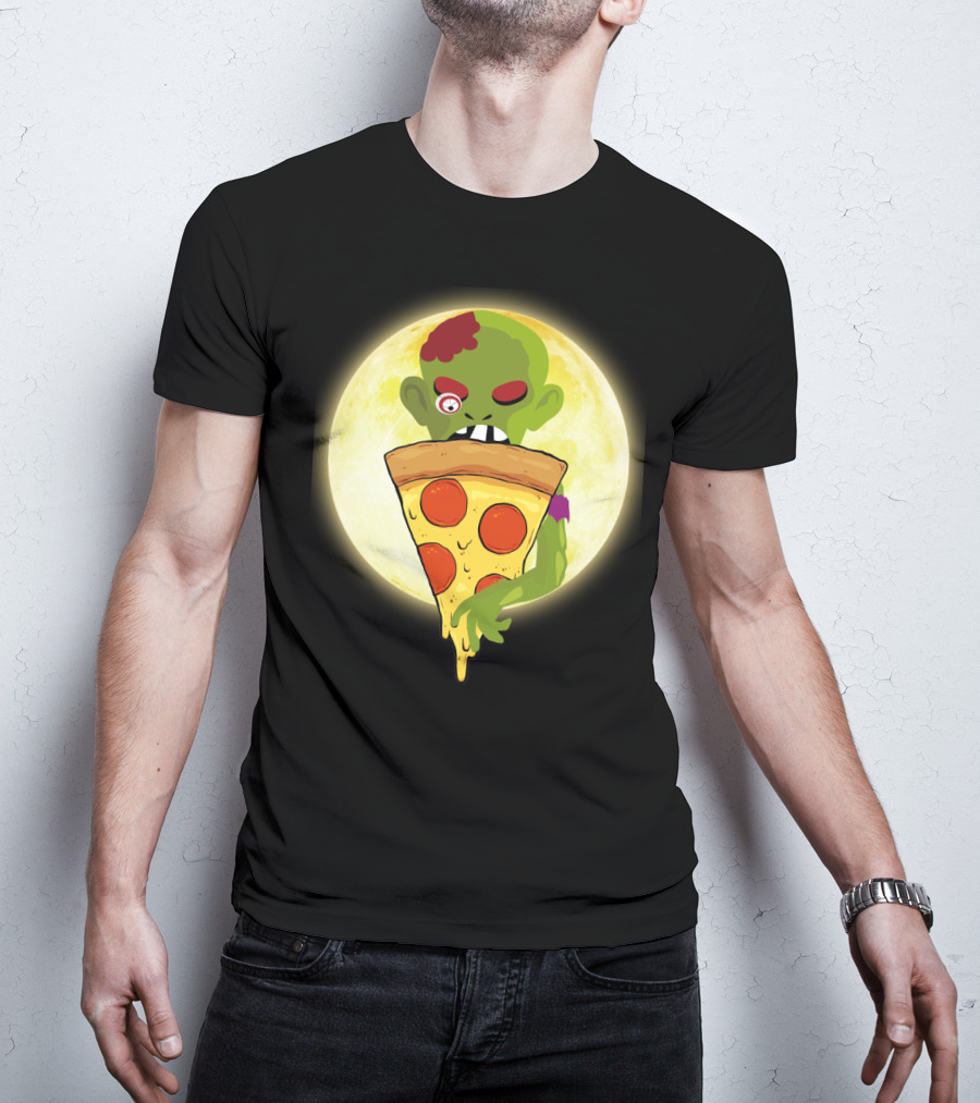 Zombie Eating Pepperoni Pizza Under Full Moon T-Shirt