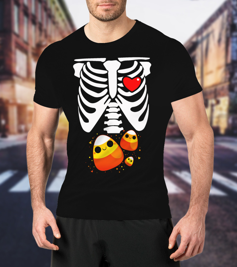 Skeleton Ribs Heart With Cute Candy Corn Halloween Food T-Shirt