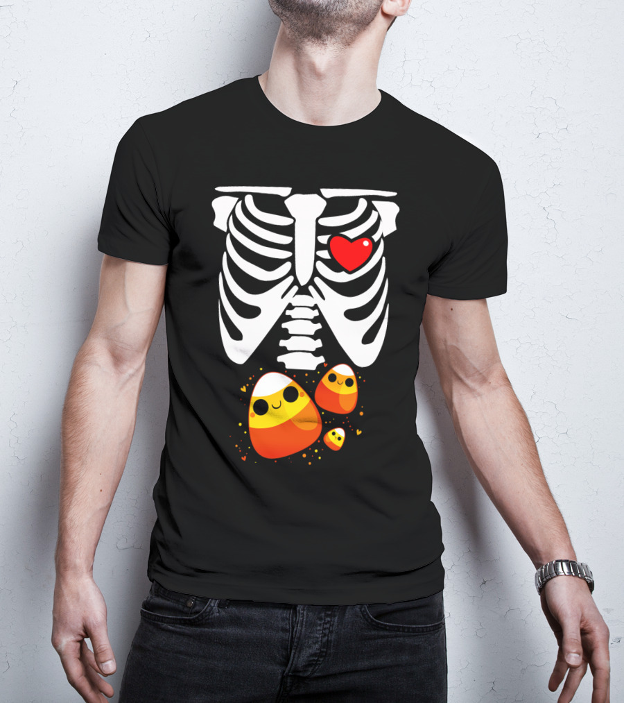 Skeleton Ribs Heart With Cute Candy Corn Halloween Food T-Shirt