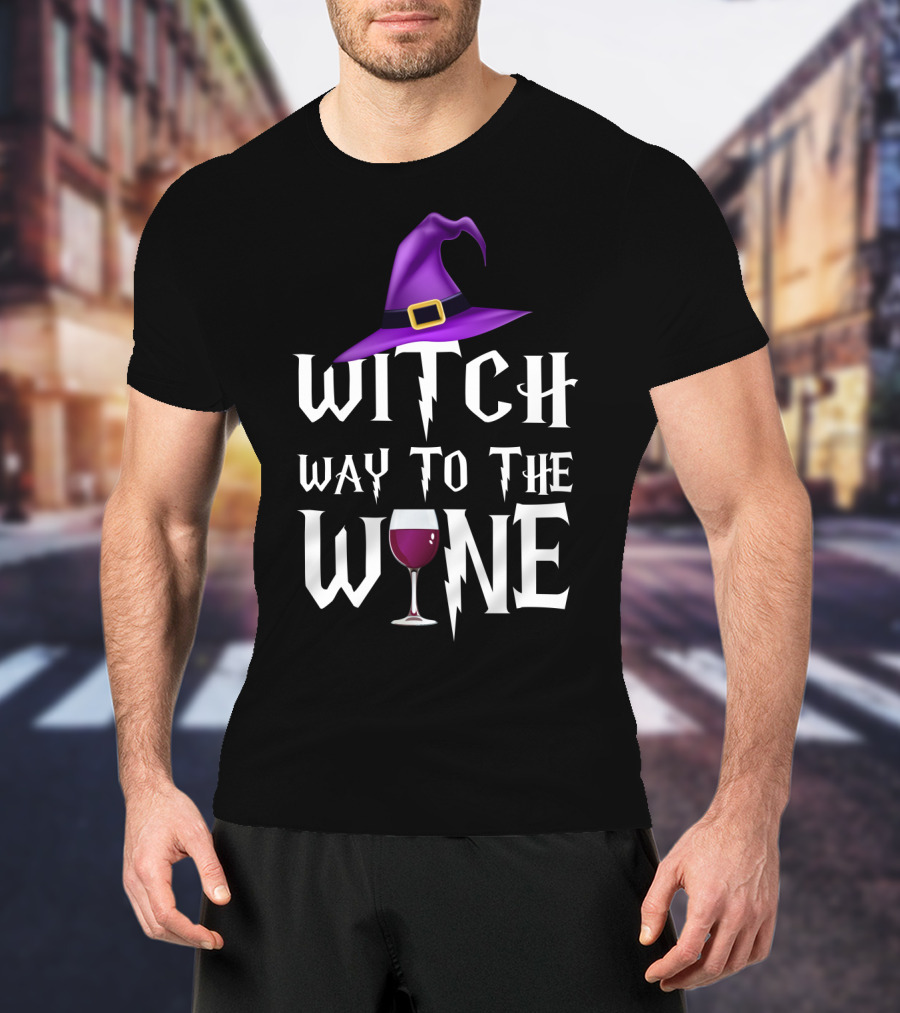 Purple Witch Hat And Wine Glass With Witch Way To The Wine Text In Lightning Font T-Shirt