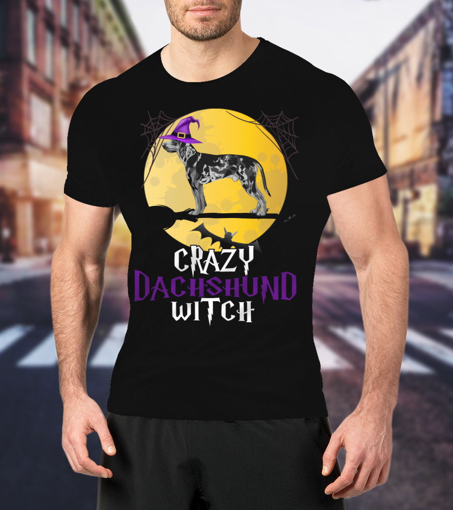 Crazy Dachshund Witch Dog With Purple Hat And Broom Halloween T-Shirt