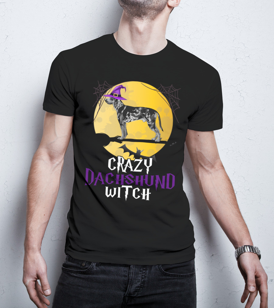 Crazy Dachshund Witch Dog With Purple Hat And Broom Halloween T-Shirt