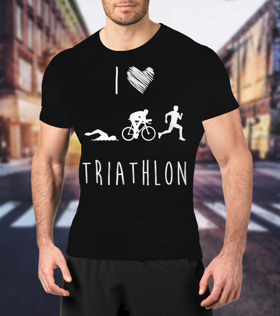 I Love Triathlon Featuring Swim Bike Run Iconography T-Shirt