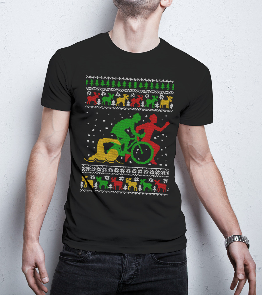 Merry Christmas Triathlon Ugly Sweater Swim Bike Run Festive Reindeer Holiday T-Shirt