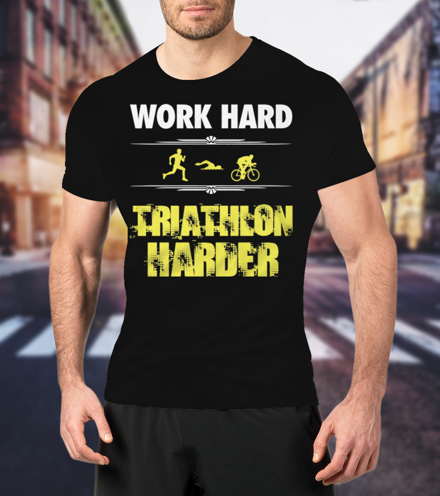 Work Hard Triathlon Harder Running Swimming Cycling Icons T-Shirt