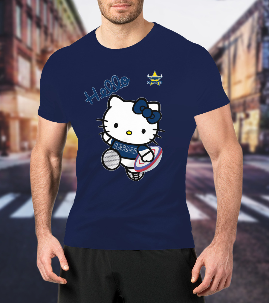 Hello Kitty North Queensland Cowboys Crossover With Rugby Ball T-Shirt
