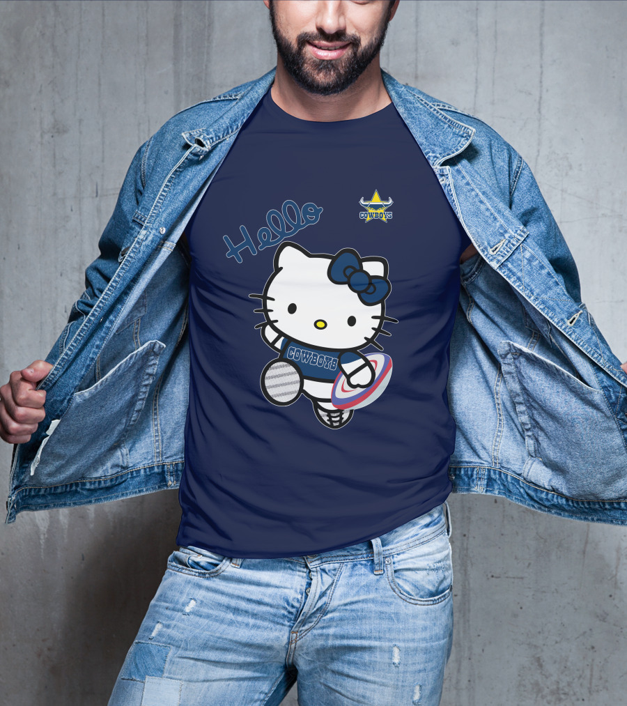 Hello Kitty North Queensland Cowboys Crossover With Rugby Ball T-Shirt