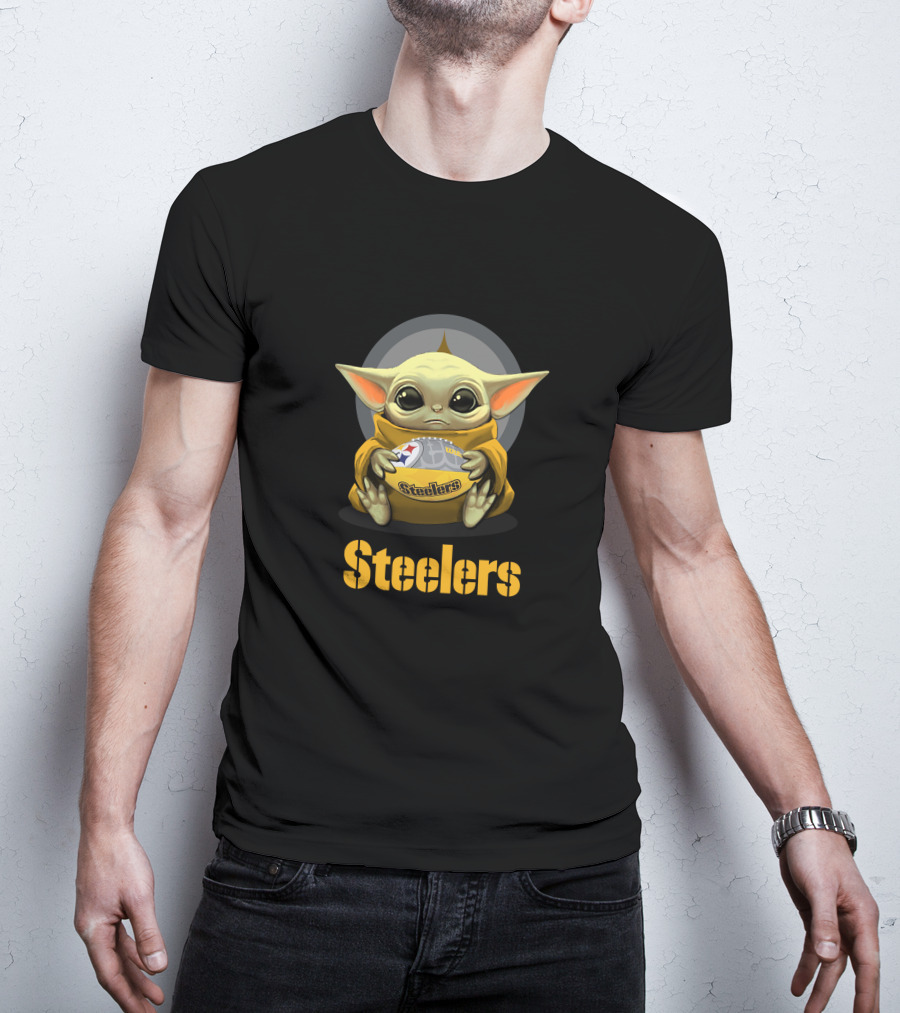 Steelers Baby Yoda With Football And Pittsburgh T-Shirt