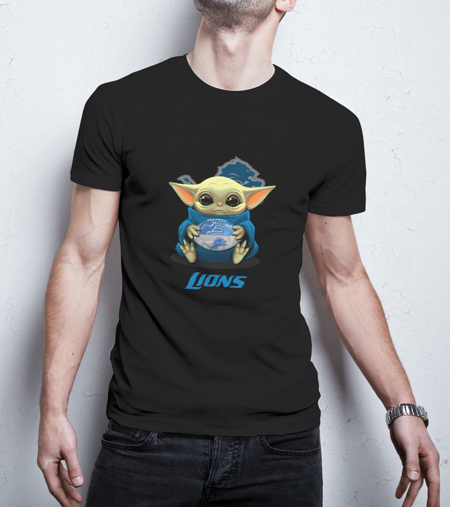 Detroit Lions Baby Yoda Holding Football With Lions T-Shirt