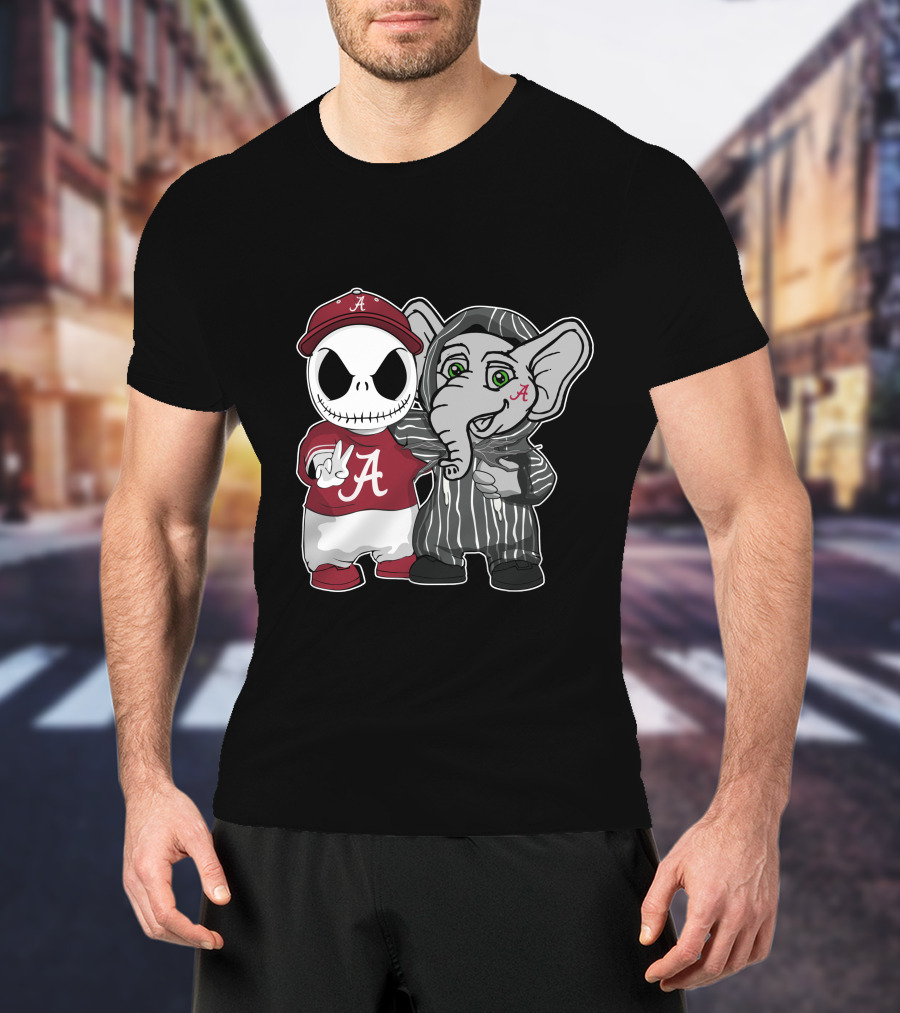 Alabama Crimson Tide Jack Skellington With Elephant In Striped T-Shirt