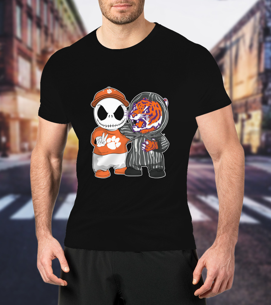 Jack Skellington Clemson Tigers Fan With Tiger Mascot Hugging T-Shirt